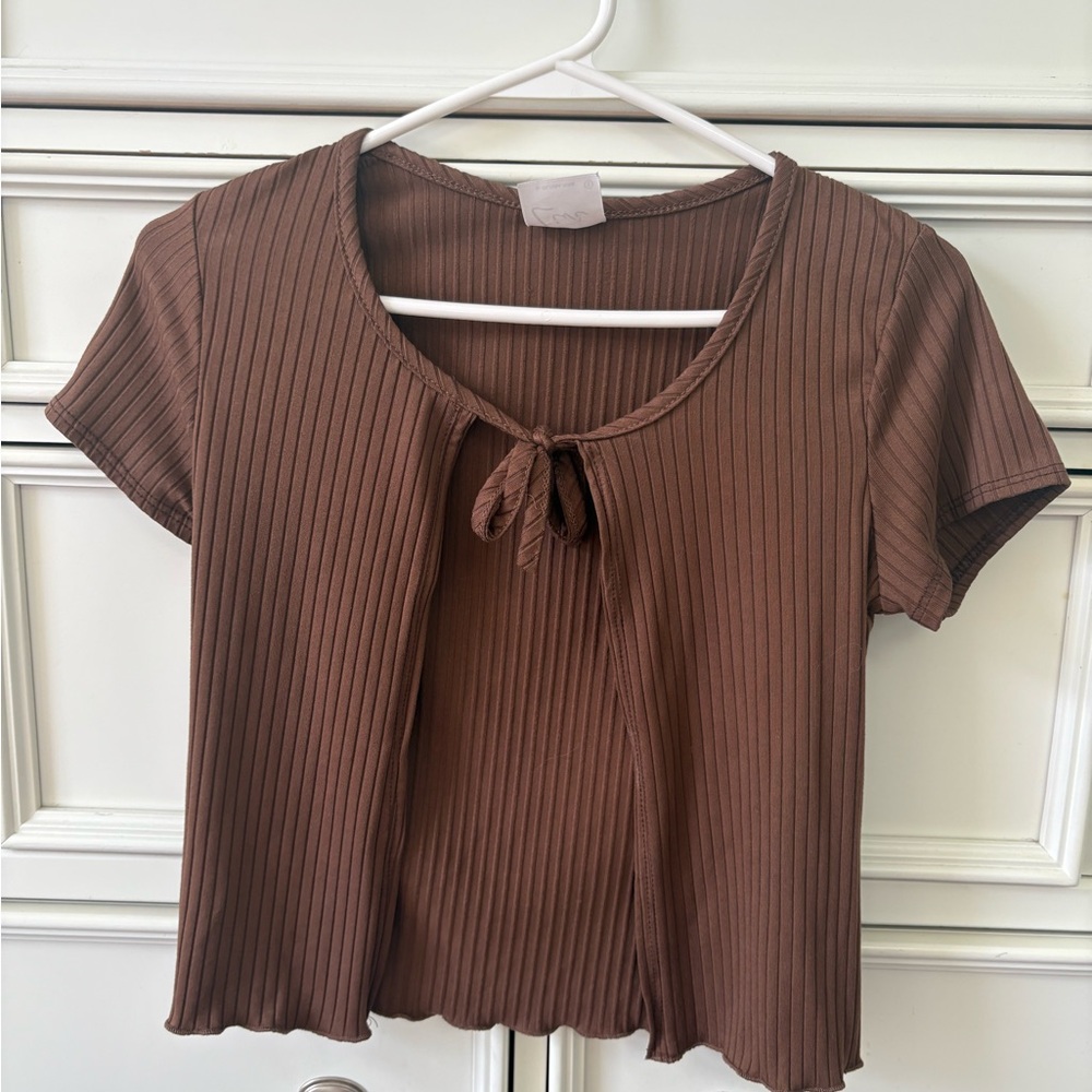 Brown Ribbed Tie-Front Top